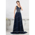 Grace Karin Chiffon One Shoulder Heavy Beaded Long Vestido de noite azul marinho CL4506-2